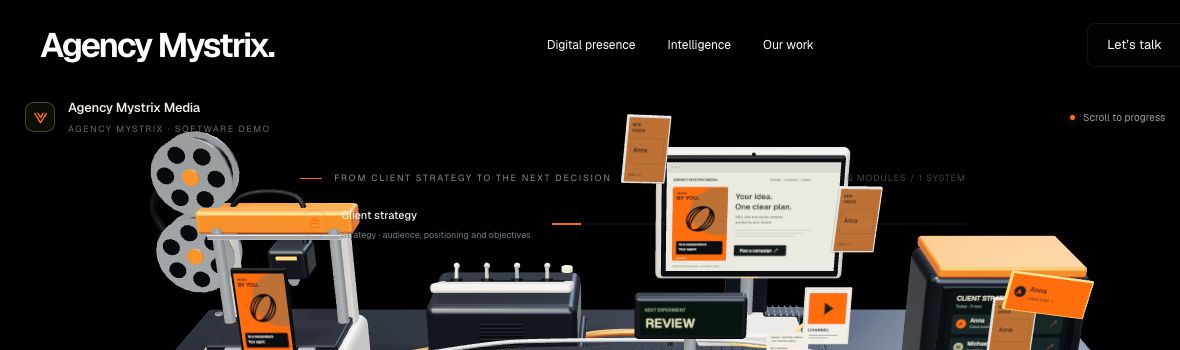 Mystrix Media illustrative platform workshop showing connected marketing operations and decision support.